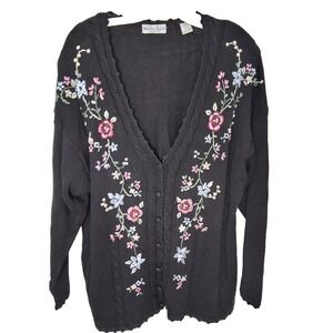 Vintage‎ Floral Embroidered Cardigan Sweater Size 3X V Neck Shoulder Pads